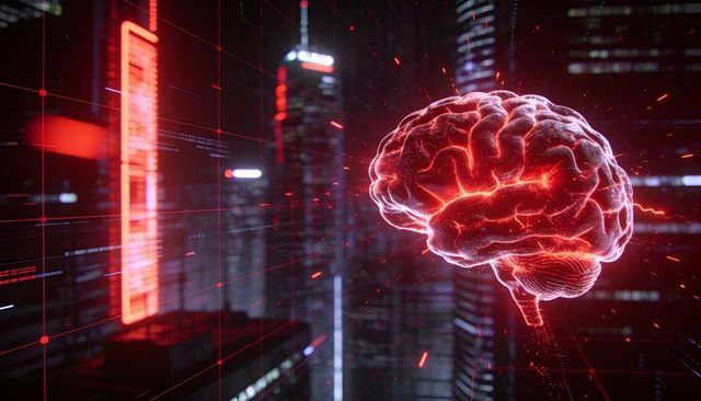 Glowing holographic brain hovering over futuristic neon city grid cyberpunk ai concept