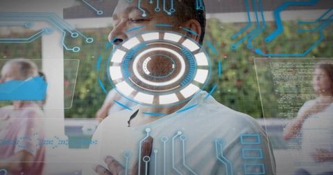 Mature man practicing breathwork with futuristic hud overlay outdoors