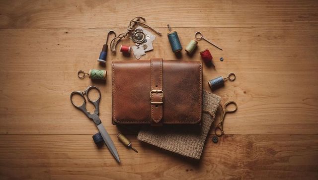 Worn Leather Pouch with Vintage Sewing Tools on Rustic Wood Table for Craft Projects