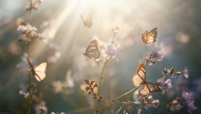 Sunlit butterflies dancing over lavender wildflower meadow at soft golden hour