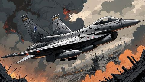 Powerful f16 jet flies over war-torn city with burning skyscrapers
