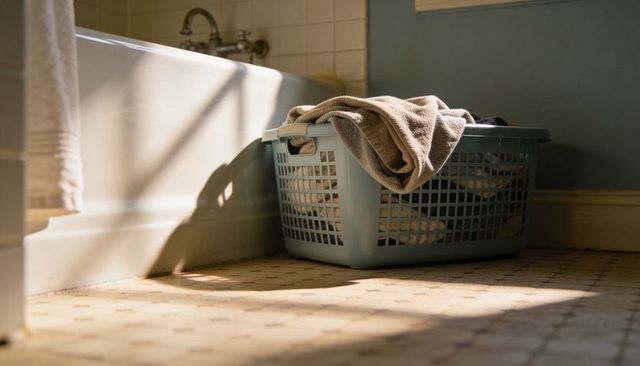 Sunlit laundry basket sitting beside bathtub holding towels on vintage tiled floor