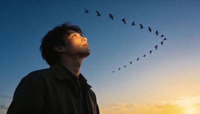 Young man watching migrating birds flying in v-formation at golden hour over coastline