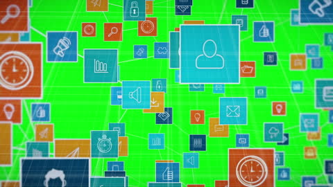 Digital Network Icons on Vibrant Green Grid Background