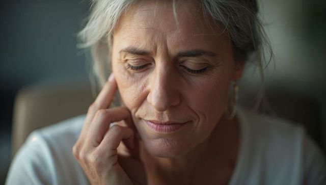 Older woman touching cheek reflecting in soft natural light closeup emotional portrait