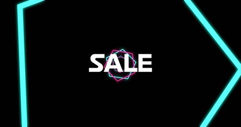 Neon Sale Title with Geometric Shapes on Black Background