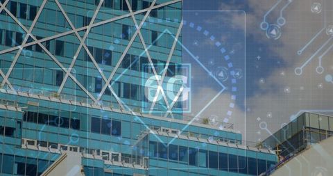 Skyscraper Reflected in Digital 6G Technology Overlay