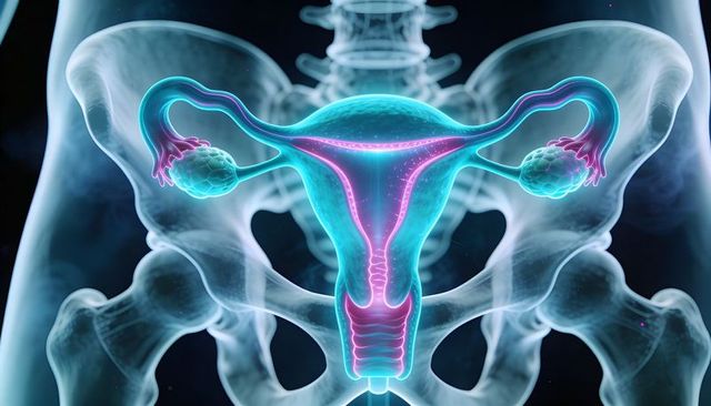 Glowing Neon 3D Uterus with Ovaries and Fallopian Tubes over Translucent Pelvis X-ray