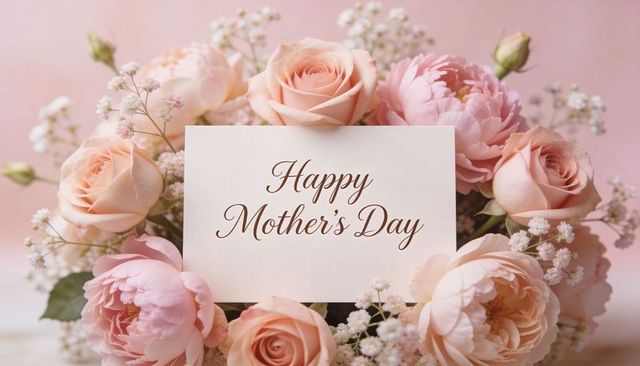 Blush rose and peony bouquet featuring happy mother's day card on pastel background