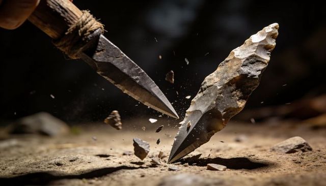 Clashing hafted blade meeting flaked flint point, shards flying in dramatic warm light high-speed