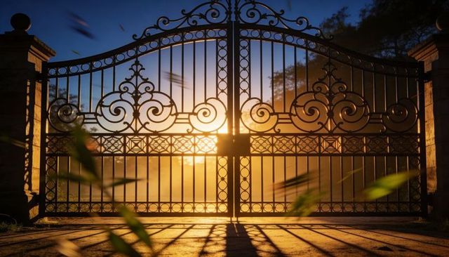 Backlit ornate wrought iron gate casting long shadows across estate entrance at sunset