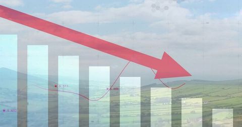 Declining agricultural output over rolling hills with transparent bar chart and red arrow