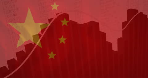 China Flag with Digital Data Overlay and Bar Graph