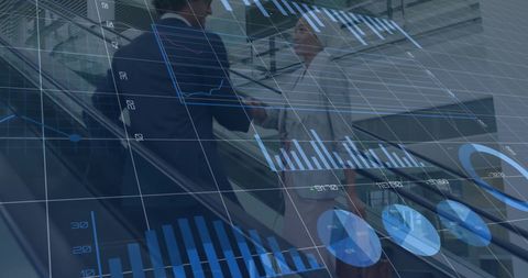 Financial Data Overlay on Businesspeople Using Escalator - Download Free Stock Images Pikwizard.com