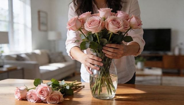 Woman arranging pale pink rose bouquet in glass vase on wooden table