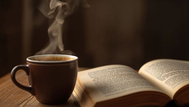 Steaming Ceramic Coffee Cup Beside Open Book on Wooden Table for Cozy Morning Reading