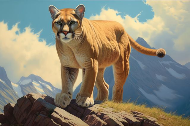 A majestic mountain lion stands atop a rocky ledge, outdoor. Its piercing gaze and muscular build emphasize the creature's status as a formidable predator.