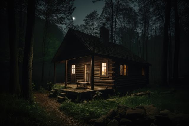 Rustic log cabin illuminated from within, nestled in dense forest clearing under moonlit night. Warm light from windows provides a cozy ambiance contrasting dark surroundings and creates tranquil, calming scene. Perfect for advertisements related to rural escapes, relaxation retreats, nature getaways, and promoting cozy, tranquil atmospheres. Suitable for use in travel blogs, calendars, book covers, and relaxation-themed websites.