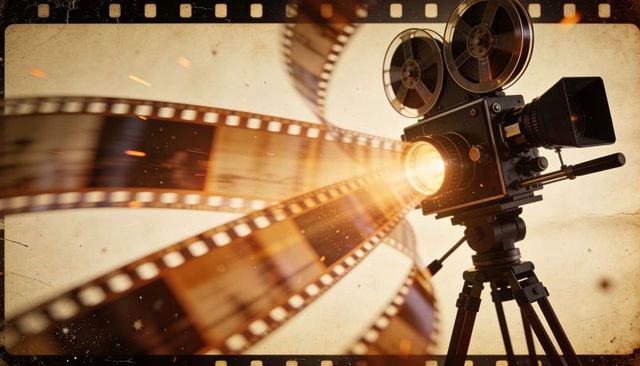 Projecting vintage film camera casting warm beam with curling 35mm film strips and sepia grain