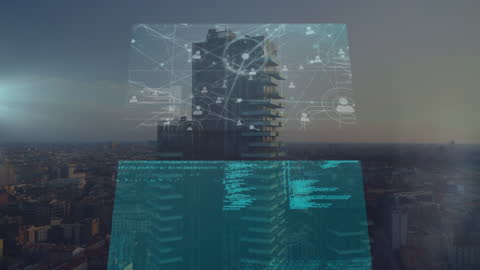 Digital Interface Animation Over Modern Cityscape