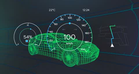 Futuristic Wireframe Car Displaying Digital Dashboard Interface