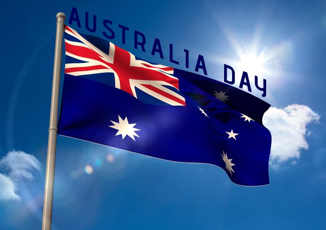 Composition of australia day text over flag of australia and sky with clouds. Australia day and celebration concept digitally generated image.