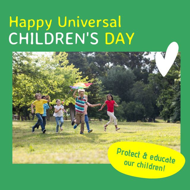 Composite of protect and educate our children text over caucasian children running with kite in park. Happy universal children's day, friends, childhood, togetherness, welfare, awareness, promotion.