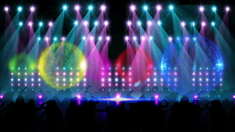 Vibrant Dance Party Lights with Crowd Silhouettes