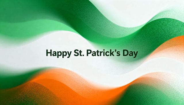 Happy st patrick's day modern typography featuring flowing irish flag ribbons and gradient