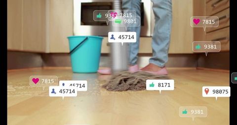 Woman mopping kitchen floor with turquoise bucket and social media icons overlay