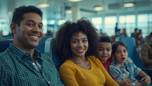 Smiling family sitting at airport boarding gate