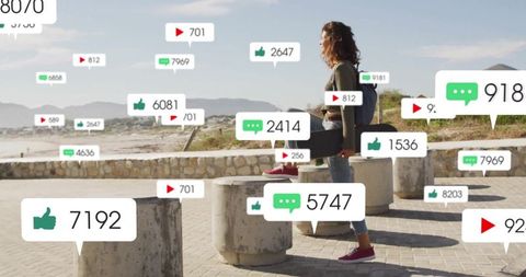 Social Media Interaction Overlays on Woman Exploring Coastal Path