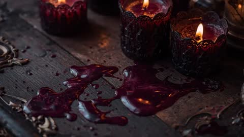 Melting Red Wax Dripping from Candle Holders in Dim Ambiance