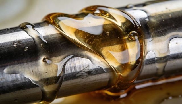 Macro of polished stainless steel shaft gleaming under amber lubricant with droplets