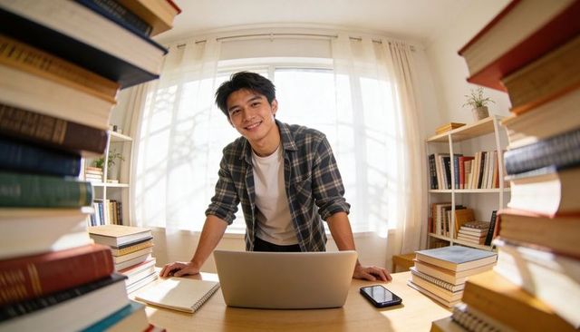 Asian student leaning forward at laptop studying in sunlit workspace with book stacks
