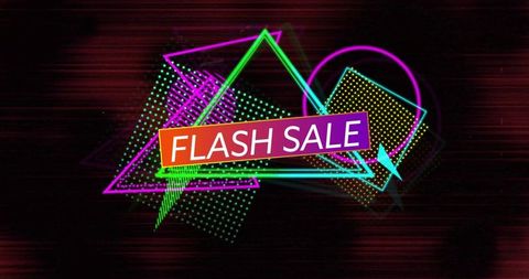 Neon flash sale banner glowing geometric shapes retro futuristic halftone glitch
