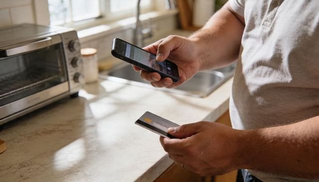 Man tapping smartphone with credit card for contactless mobile payment on kitchen counter