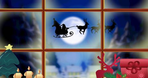 Santa and reindeer silhouette framed by christmas window decorations