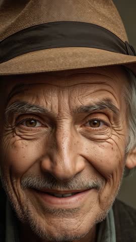 Vertical close-up portrait senior man smiling while wearing brown fedora, warm nostalgic gaze