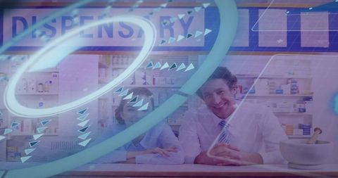 Pharmacy team smiling behind dispensary counter with digital overlay and retail technology