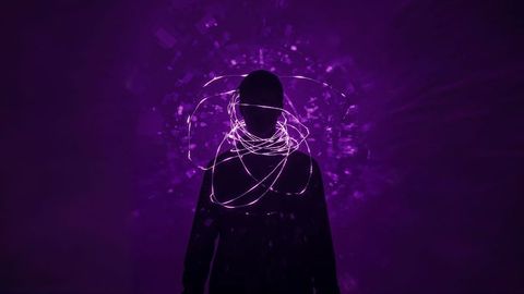 Abstract silhouette with neon vibrant loops and digital pixel particles