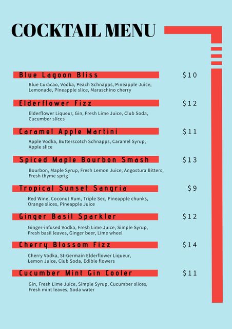 Bright cocktail menu featuring colorful design in red and blue, suitable for bars, restaurants, events, or private parties. Customizable template includes cocktails like Blue Lagoon Bliss, Elderflower Fizz, and more, each with prices and ingredients listed. Use for engaging customer experience, advertising special drinks, or enhancing bar decor.