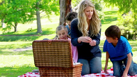 Family Enjoying Picnic in Sunny Park Setting