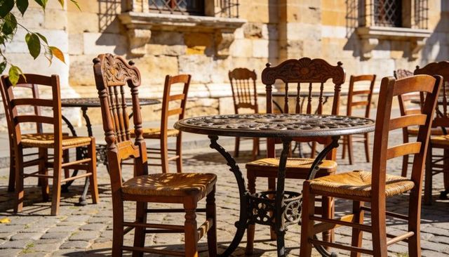 Sunlit ornate cast-iron cafe table and wooden chairs casting shadows on cobbled plaza