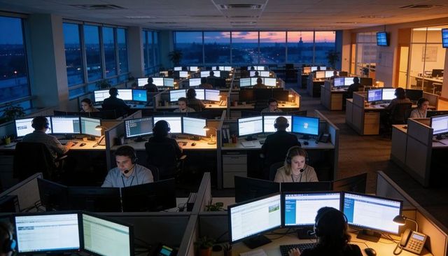 Call center agents working late in modern open office with multiple monitors and headsets