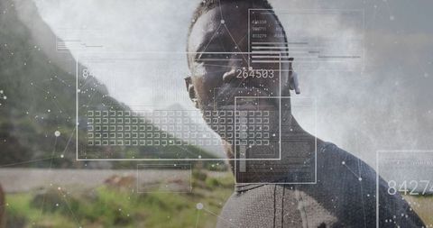 Runner Amid Futuristic Data Visualization on Misty Hill