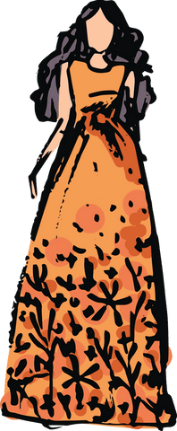 Elegant Woman Wearing Orange Dress with Floral Design