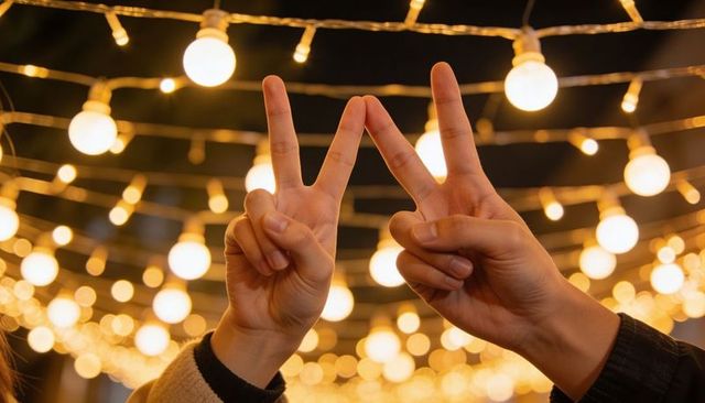 Forming joined v signs under warm string lights at night market celebration