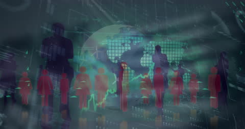 Global Business Network with Digital World Map and Building Silhouettes