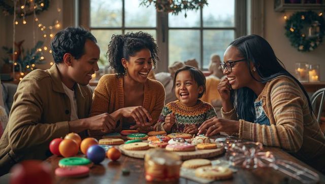 Family Enjoying Festive Cookie Decorating Activity at Cozy Holiday Table